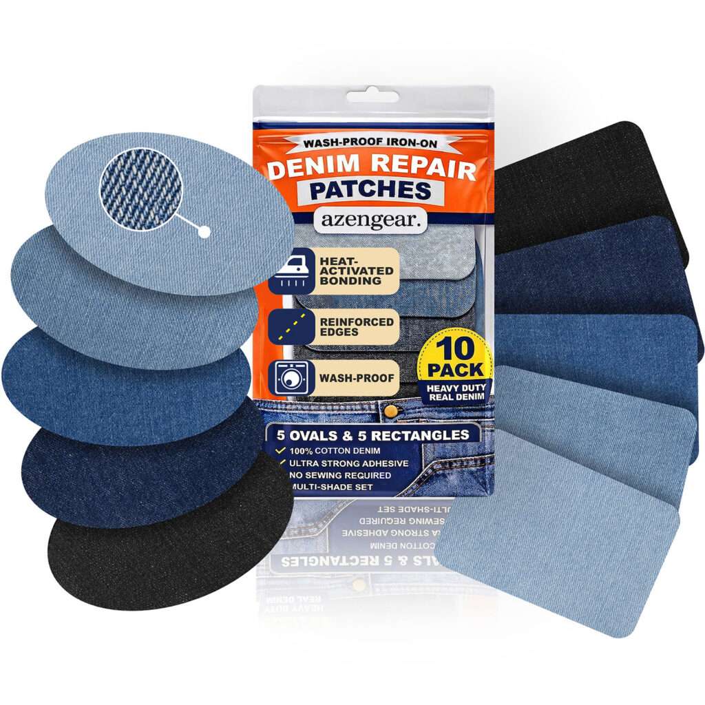 aZengear Iron-On Real Denim Repair Patches Kit (10 Pack — 5 Ovals + 5 Rectangles)